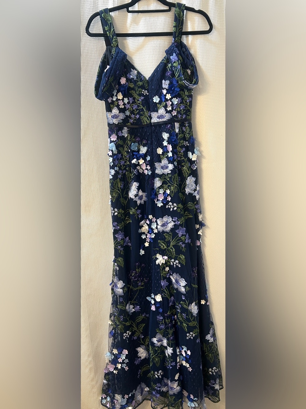 Marchesa Notte Navy Floral Appliqué Embroidered Off Shoulder Tulle Gown Dress 8 - Picture 8 of 9